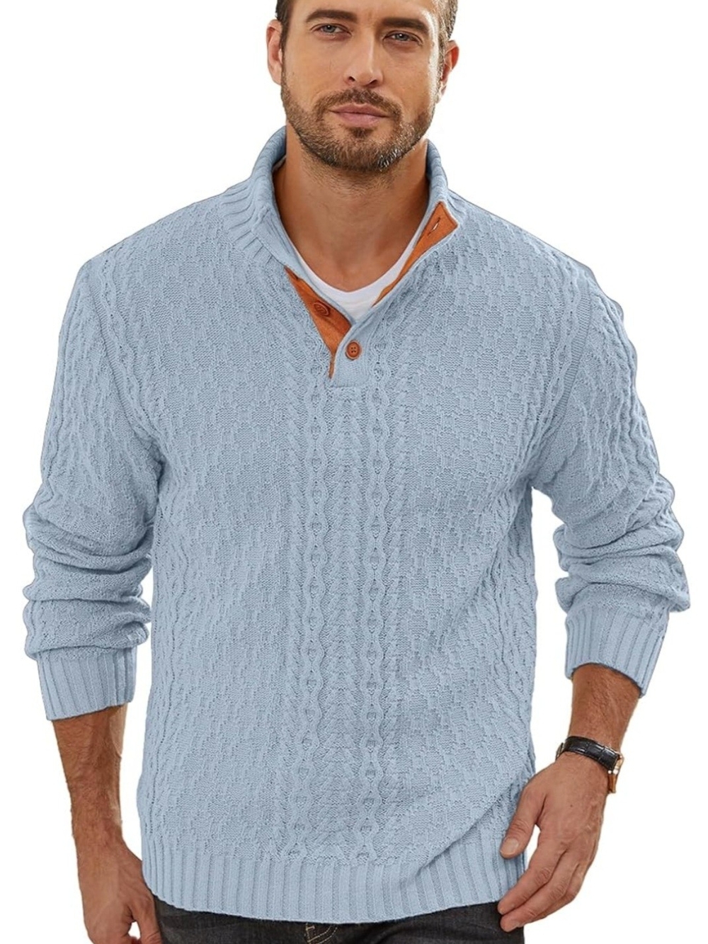 Men's Light Blue Cable Knit Pullover Sweater with Buttoned Shawl Collar